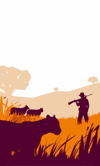 Naklejka premium Jaguar Stalking Cows Silhouette SVG with Armed Rancher Vector