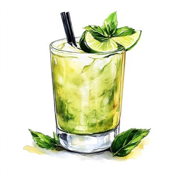 recommend clip art: Watercolor illustration of mojito cocktail with lime and mint for summer drink and beverage ads on transparent background