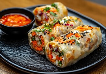 Freshly Made Spring Rolls with Colorful Vegetables and Rich Sauce Served on a Rustic Black Plate, Perfect for Healthy Eating and Enjoyment