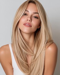 Model showcases long, silky blonde hair in a beauty portrait against a neutral background
