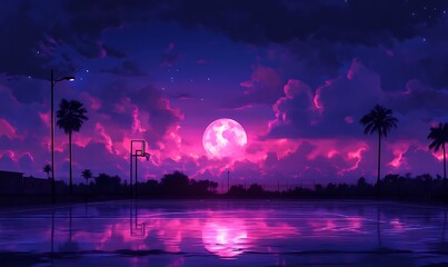 Naklejka premium Basketball Court with Pink Moon at Night