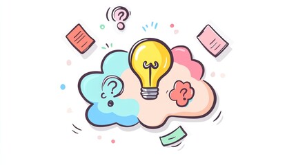 Idea generation concept illustration. Lightbulb, questions, brainstorming for innovation