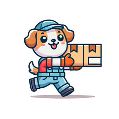Cartoon Dog Delivering Box Wearing Blue Overalls and Cap Against White Background