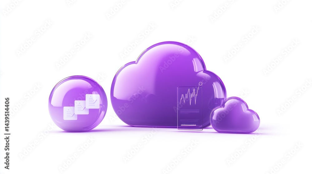 Poster purple cloud storage with graph and download, digital, data storage for web use