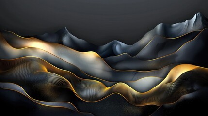 Obraz premium Abstract wavy dark fabric design with gold lines, mountainscape background