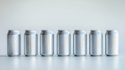 Line of 330 ml aluminum cans with frosty texture on a white background.