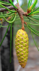 Obraz premium Beautiful green pine cone hanging from a branch on a sunny day in a forest environment