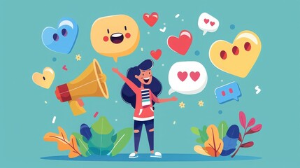 Fototapeta premium Cartoon woman with megaphone surrounded by hearts and speech bubbles on a teal background