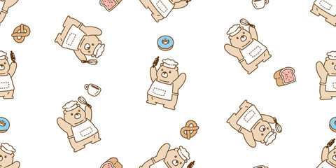 bear seamless pattern polar bear chef cooking food baked bakery vector cartoon donut pretzel coffee cup bread doodle teddy tile background gift wrapping paper repeat wallpaper scarf isolated illustrat