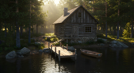 Fototapeta premium Tranquil Lakeside Cabin Retreat Amidst Shimmering Forest and Gentle Waters