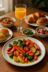 A luxurious breakfast spread with vibrant, freshly made dishes on a wooden table.