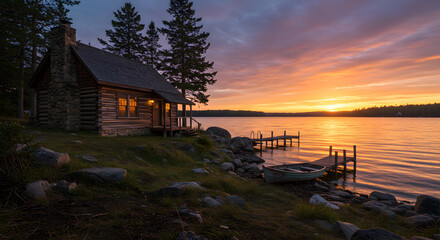 Obraz premium Secluded Cabin Retreat At Lakeside Under A Colorful Sky At Sunset
