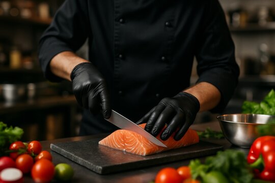 A close-up shot of a professional chef, dressed in black attire and wearing gloves, carefully slicing a fresh piece of fish with a sharp knife on a dark stone cutting board.