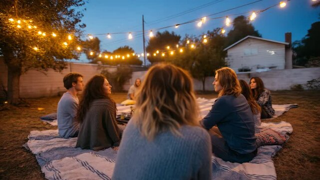 Friends gather outdoors on blankets at dusk, sharing conversation and laughter in a cozy backyard under string lights &ndash; friendship, relaxation, community