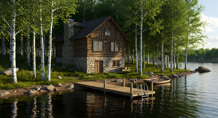 Obraz premium Idyllic Lakeside Retreat Cabin Nestled Among Birch Trees with Wooden Pier