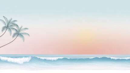 Obraz premium serene sunset over calm ocean, featuring gentle waves and palm trees silhouetted against pastel sky. tranquil scene evokes