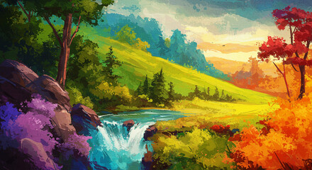 Enchanted countryside vista with waterfall and colorful flora and trees landscape
