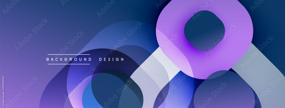 Poster abstract shapes overlap, creating gradient purple, blue hues. modern design evokes fluidity, dynamis