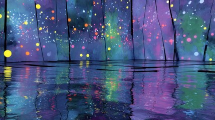 Abstract colorful night scene with reflections on water and glowing orbs and rainbow splashes on screens