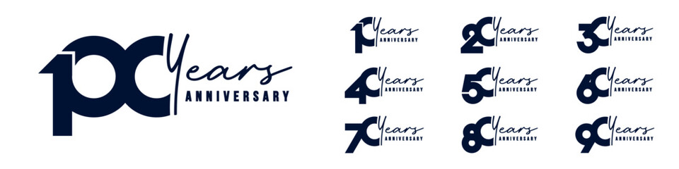 collection anniversary 10 to 100 year logo designs. abstract number for celebration event, wedding, greeting card, and invitation, vector illustration