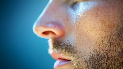 Close-up of Man's Face Showing Healthy Skin Texture and Slight Perspiration