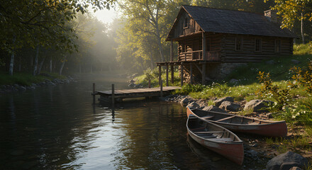 Obraz premium Secluded Cabin By The Lakeside With Two Canoes Resting on The Shoreline