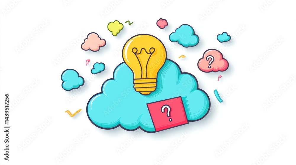 Poster lightbulb on cloud, concept for ideas, questions and answers, problem-solving background