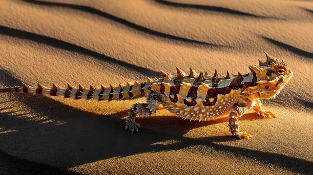 Thorny devil lizard traversing rippled desert sands in warm sunlight