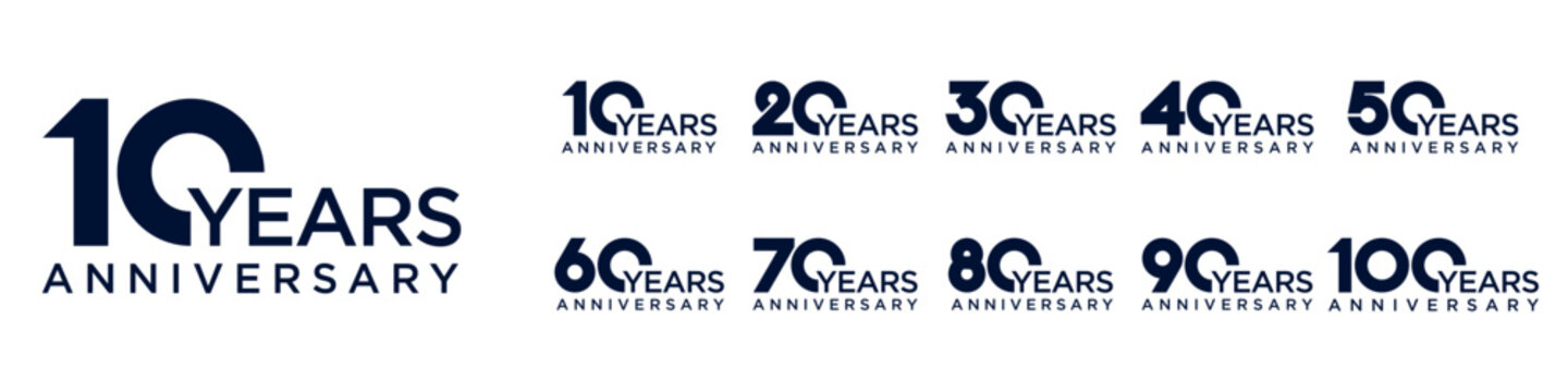 collection anniversary 10 to 100 year logo designs. abstract number for celebration event, wedding, greeting card, and invitation, vector illustration