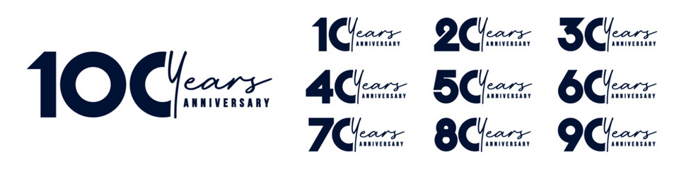 collection anniversary 10 to 100 year logo designs. abstract number for celebration event, wedding, greeting card, and invitation, vector illustration