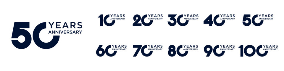 collection anniversary 10 to 100 year logo designs. abstract number for celebration event, wedding, greeting card, and invitation, vector illustration