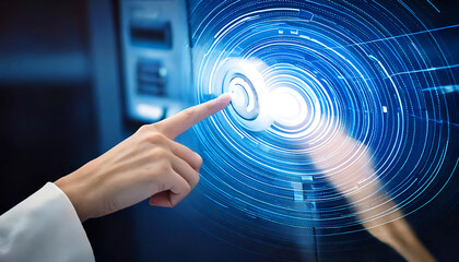 Close-up of a hand interacting with a futuristic, glowing blue interface.  The image conveys innovation, technology, and digital interaction.