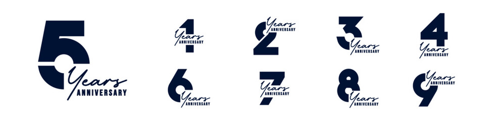 collection anniversary 1 to 9 year logo designs. abstract number for celebration event, wedding, greeting card, and invitation, vector illustration