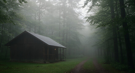 Secluded Cabin Retreat Amidst The Mystical Woods With Heavy Fog Scenery