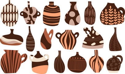 Clay vases silhouette collection. Ceramic jugs, pots and in minimalistic trendy style. Decorative, antique pottery vase set. Ceramic pottery
