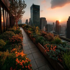 Urban rooftop garden with skyscrapers in the background at sunset,generative ai illustration