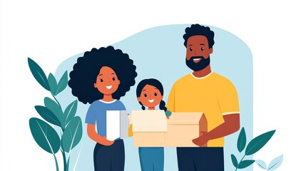 Happy Family Smiling in Front of Mailbox Excited to Receive Package on a Bright Sunny Day in Their Yard