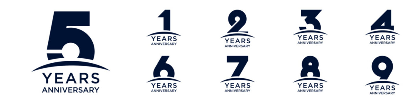 collection anniversary 1 to 9 year logo designs. abstract number for celebration event, wedding, greeting card, and invitation, vector illustration