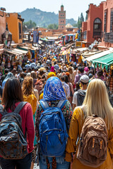A vibrant, bustling crowd navigates a narrow, ancient marketplace.  Tourists with backpacks blend seamlessly with locals, creating a rich tapestry of cultures and experiences.