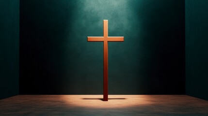 Naklejka premium Contemplative Moment of Prayer with an Empty Cross Illuminated in a Serene Atmosphere
