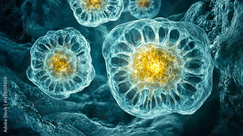 Poster cellular structures with glowing centers.
