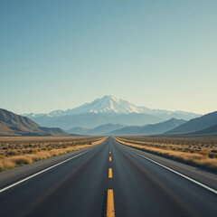 Scenic road, open and adventurous, leading to a majestic mountain under a clear sky