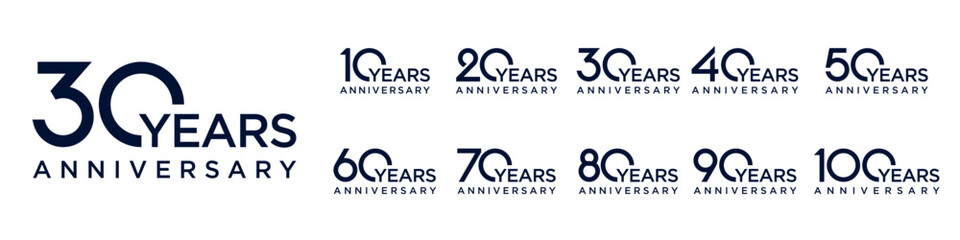 collection anniversary 10 to 100 year logo designs. abstract number for celebration event, wedding, greeting card, and invitation, vector illustration