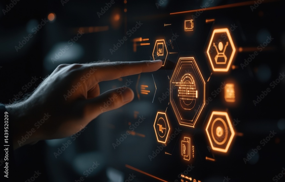 Aufkleber hand interacting with a futuristic interface. a user's finger touches a glowing button on a holograp
