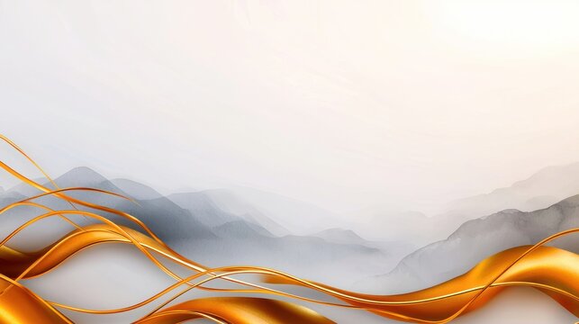 Abstract gold ribbons over misty mountains