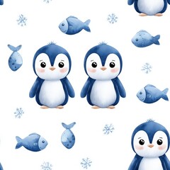 Naklejka premium Seamless repeat pattern featuring hand-painted cute penguins in chibi style, with fish and snowflakes, icy blue and soft white, isolated on white background, winter escape vibe, vibrant design
