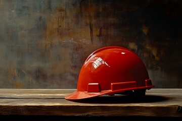 Red safety helmet resting on rustic wooden surface.