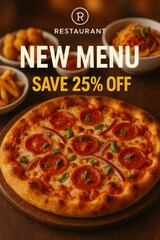 A vibrant restaurant promotion poster showcasing a variety of delicious dishes such as pizza, pasta, and fried snacks.