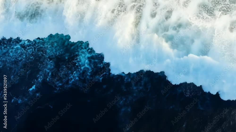 Poster powerful ocean waves crashing on rocks captured from above in dynamic motion