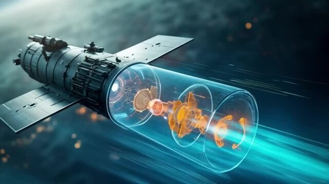 A space shuttle flies through space with a glowing orange object in the middle. Smooth repeating motion for background video animation.